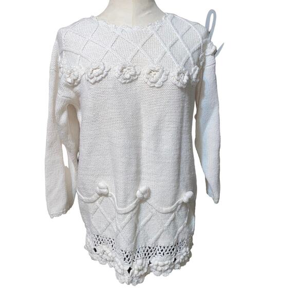 Vintage Chunky Knit embroidered Cream Beige Sweater crochet lace roses large - Picture 2 of 7